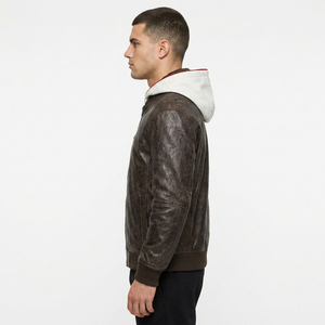 Sweat à capuche en cuir véritable pour homme avec fermeture éclair intégrale sur le devant, poches latérales, manches longues, OEM - Product Image 3