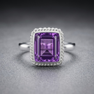 Bague unisexe en argent sterling 925 faite à la main, minimaliste, avec améthyste naturelle de forme rectangulaire 10x14mm, sertie en clos, pour le quotidien - Product Image 2