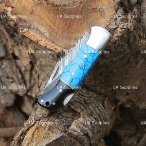 UA Supplies Luxury Industrial Grade Damascus Steel Back <b>Lock</b> Clip Point Folding Knife Turquoise Gemstone Handle Handmade Hunting - Product Image 4