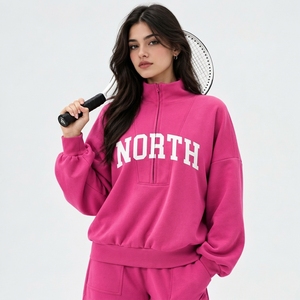 Sweat-shirt décontracté surdimensionné pour femme avec broderie de lettres, col montant, en polaire, demi-zip, poches avant, printemps automne hiver - Product Image 1