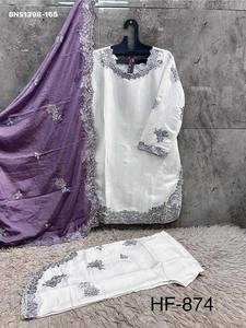Hermoso traje de seda romana con bordado, listo para usar, blanco, de manga larga, con pantalón palazzo y dupatta a juego. Colección de exportación india. - Product Image 4