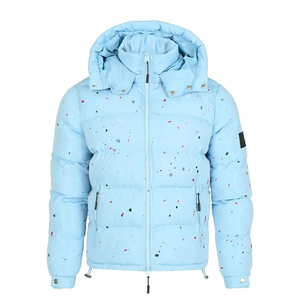 Chaqueta acolchada con capucha para hombre, color azul claro, con estampado de puntos, cierre de cremallera, a prueba de viento, informal, para invierno, para exteriores. - Product Image 3