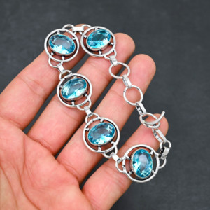 Customised Blue Topaz Tennis <b>Bracelet</b> 925 Sterling <b>Silver</b> Rhodium Plated <b>Adjustable</b> Handmade Jewelry Oval Gift - Product Image 3