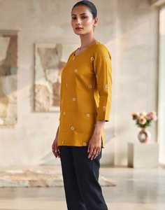 Trendy Mustard Slub Cotton Short Kurtis With Embroidery Regular Fit Traditional <b>Indian</b> Pakistani Casual Wear Tunic <b>Top</b> for Women - Product Image 1