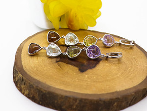 Natural Multi Gemstone <b>Earrings</b> On 925 Sterling <b>Silver</b> Spiral Faceted Amethyst Lemon Quartz Peridot Smoky Topaz Long Drop <b>Dangle</b> - Product Image 3