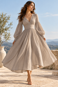 Robe midi vintage bohème en lin et coton tissé, col en V, manches cloche, coupe trapèze, taille haute, fluide, pour le quotidien - Product Image 4