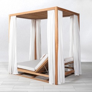 Cama de Día Doble Tipo Cabaña para Exteriores, de Madera de Teca Sólida Premium, con Cortinas de Privacidad - Product Image 6