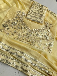 ผ้าส่าหรีสีเหลืองเนยปักเลื่อมสำหรับผู้หญิง พร้อมเสื้อออกแบบสำหรับงานปาร์ตี้ งานแต่งงาน ผ้าส่าหรีแบบดั้งเดิม ขายส่ง - Product Image 6