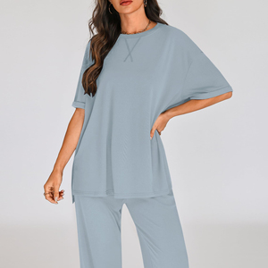 Conjunto de 2 Piezas para Mujer, Tejido, Holgado, Color Sólido, Cuello Redondo, Pantalones Largos de Pierna Ancha, Informal, Transpirable, de Algodón, para Todas las Temporadas - Product Image 3