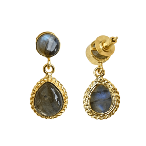 Boucles d'oreilles pendantes vintage plaquées or, style bohème et classique, avec pierre de labradorite naturelle en forme de fleur pour femme, mariage - Product Image 5