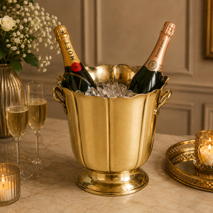 Seau à champagne en laiton à pétales cannelés, fait main, avec doubles poignées, refroidisseur à glace haut de gamme, élégant refroidisseur à vin, décoration de bar - Product Image 1