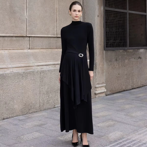 Summer Woven Midi Turtle Neck Casual Regular Sleeve Minimalist Simple Stripes Loose Waist Breathable Front Logo Dresses - Product Image 1