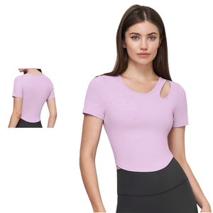 Chemises et hauts de yoga pour femmes à col en U et manches courtes avec design épaules, séchage rapide, écologiques, coupe ajustée, respirants, vêtements de fitness - Product Image 1