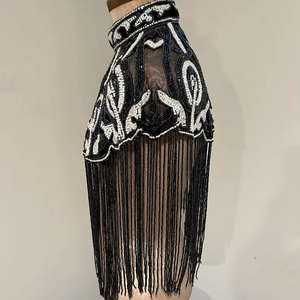 Capa Negra con Flecos Largos, Decoración de Cuentas Doradas y Cristales, Tela de Organza Transpirable para Mujer, Top Corto Tipo Chal para Dama, Gran Venta - Product Image 1