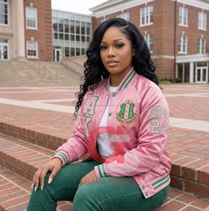 Chaqueta bomber de satén rosa y verde estilo universitario con letras griegas, cortavientos, para mujer, ideal para universidades y HBCU. - Product Image 2