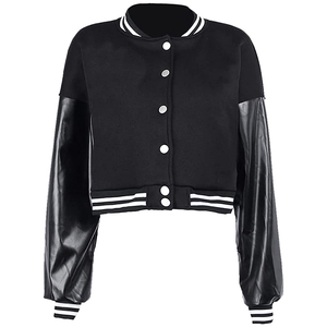 Chaqueta Varsity Unisex Negra con Mangas de Cuero PU, Cuello Redondo, Cierre de Botones, Estilo Casual para Otoño, Corte Regular y Corto - Product Image 1