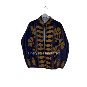 Suzani Embroidery Velvet <b>Short</b> Unisex Quilted <b>Jacket</b> with Cotton Filling Finished Gift for Party Wear - Product Image 1