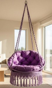 Silla Colgante de Macramé Morado – “Mor Lora” |   Cómodo columpio bohemio con flecos |   Asiento de Hamaca para Interiores/Exteriores - Product Image 2