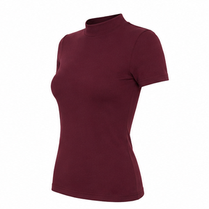 Camiseta de Manga Corta para Mujer, Color Borgoña, Cuello Redondo, Corte Moderno y Ajustado, Tejido de Punto Acanalado Suave, Jersey de Algodón, Personalizable - Product Image 3