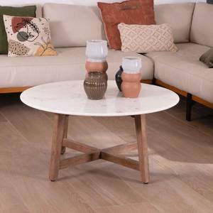 Mesa redonda de mármol Vandana Golden Sense de 90 cm con patas anguladas de madera maciza de mango Lor - Product Image 3