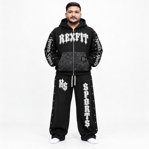 Ensemble de survêtement unisexe personnalisé en molleton noir respirant avec fermeture éclair, imprimé, détails de poches et pantalon large, style streetwear - Product Image 2