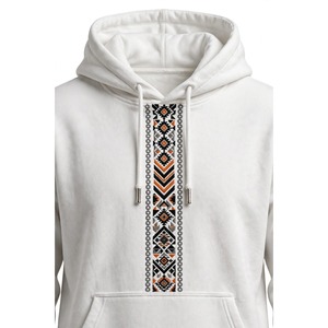 <b>Men</b> <b>White</b> Cotton <b>Fleece</b> Hoodie Vertical Chest Ethnic Geometric Tribal Embroidery Print Casual Winter Long Sleeve Pullover Tops - Product Image 5