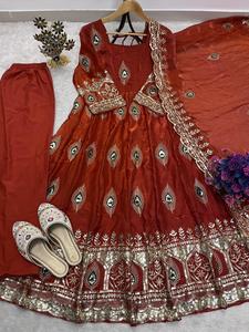 Conjunto de Salwar Kameez de Seda Bordada Color Marrón Indio, Vestido Anarkali con Dupatta, Ropa Étnica para Mujer, Traje de Fiesta y Boda - Product Image 4