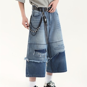 Shorts Capri en Jean Déchiré Taille Haute pour Homme, Style Urbain Patchwork, en Toile de Coton avec Braguette Boutonnée, Décontracté - Product Image 5