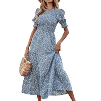 Robe longue d'été bleu clair à fleurs avec manches bouffantes, taille smockée, volants superposés, style bohème décontracté, service OEM