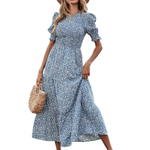 Light Blue Floral Puff Sleeve Maxi <b>Dress</b> Smocked Waist Tiered Maxi <b>Ruffled</b> Summer Long <b>Dress</b> Casual Boho <b>Dress</b> OEM Service - Product Image 5