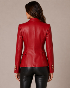 Red <b>Leather</b> <b>Blazer</b> Women's Single Button Notched Collar Long Sleeve Elegant Outerwear Solid Color All Seasons Casual <b>Jacket</b> - Product Image 4