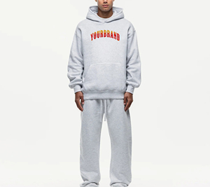 Men's Gray Hoodie Sweatshirt <b>Set</b> With Front Letter Print Casual Autumn Wear 100% Cotton French Terry <b>Knitted</b> Fabric - Product Image 1