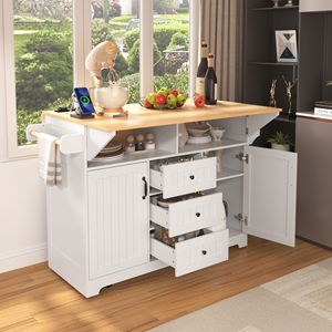 55.7\" Large <b>Kitchen</b> Island with 2 Drop Leaf and 5 Wheels Rolling <b>Kitchen</b> Cart with Power Outlet <b>Folding</b> Storage Dining <b>Table</b> - Product Image 3