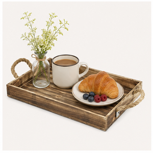 Plateau de service rectangulaire en bois rustique personnalisé avec poignées en corde naturelle, plateau décoratif artisanal style ferme, en promotion - Product Image 2