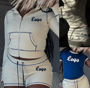 Conjunto de dos piezas de punto gofrado para mujer, con sudadera corta con cremallera y pantalones cortos de cintura alta. - Product Image 4