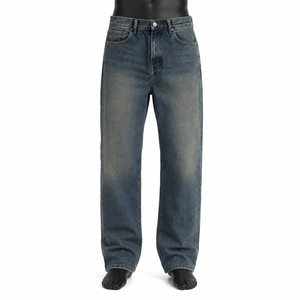 Jeans vintage délavés pour homme, coupe décontractée, jambe droite, pantalon en denim, streetwear décontracté - Product Image 1