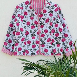 Blazer en coton brodé floral pour femme, col en V, manches trois quarts, veste matelassée faite à la main avec patchwork, été - Product Image 1