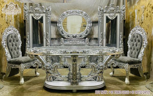 Meubles de salle à manger sculptés à la main en or antique, ensemble de table à manger royale de 9 pièces, finition dorée luxueuse, ensemble de salle à manger UK - Product Image 5