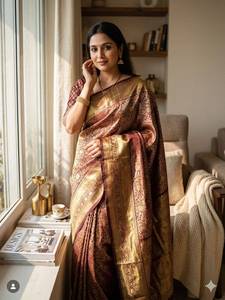 Sari de Seda Banarasi con Bordado Dorado Zari, Sari Tradicional Indio para Bodas, Sari de Diseño Étnico para Fiestas - Product Image 6