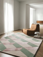 Handmade Wool Silk Geometric Rug Interlocking Cube Pattern Sage Green Blush Pink Modern Area Carpet