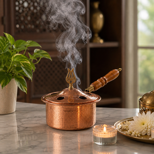 Brûleur d'encens artisanal en cuivre martelé avec poignée en bois, brûleur de Bakhoor, brûleur d'Oud, encensoir à charbon, aromathérapie, décoration d'intérieur, OEM - Product Image 3