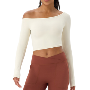 Women <b>Off</b> <b>Shoulder</b> Long Sleeve Crop <b>Top</b> Solid Color Minimalist Yoga Wear Breathable <b>Knitted</b> Spandex Polyester Tank <b>Top</b> - Product Image 1
