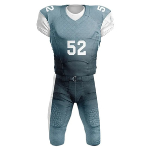 Ensemble d'uniformes de football américain personnalisés pour hommes, maillot sans manches à col en V rembourré, pantalon blanc bleu marine numéro 52, impression sublimée - Product Image 6