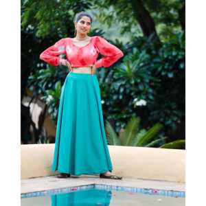 Top Corto Casual Estampado de Chifón Color Durazno con Cuello en V y Manga Larga, con Falda de Tela Transpirable de Secado Rápido, Primavera/Verano, Talla XS - Product Image 3