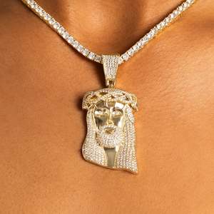 Gold Jesus Face Pendant Necklace With Moissanite Stones 24K Plated <b>Box</b> <b>Chain</b> Religious Christian Men's Jewelry - Product Image 1