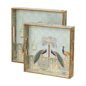 Ensemble de plateaux de service en bois émaillé : Plateau de service décoratif à motif de paon doré, peint à la main, pièce unique, artisanat en bois - Product Image 5