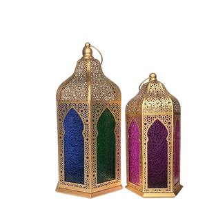 Handcrafted Moroccan Candle <b>Lantern</b> <b>Set</b> Of 2 Gold Metal Ornate Decorative <b>Lanterns</b> With Colorful Glass For Home Ramadan Decor - Product Image 1