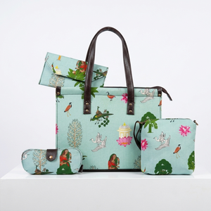 4 Piece Quilted Tote Bag Gift Set with Storage <b>Box</b> Cotton Printed Travel Pouch Combo OEM Wholesale Export India - Product Image 1