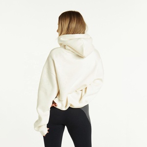 Luxury Oversized Cream <b>Cropped</b> Hoodie <b>Women's</b> Drop-Shoulder Fleece Sweatshirt Autumn Casual Solid Color Pullover Hooded Top - Product Image 2