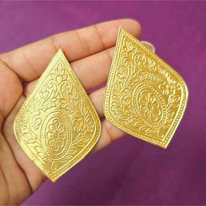 Big Golden Statement Leaf Drop Earrings-Vintage Geometric Hoop Studs - Product Image 2
